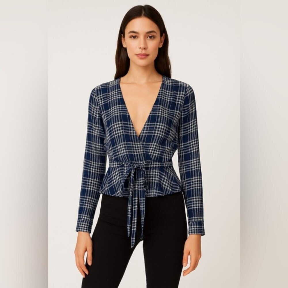 Wilfred Free Navy White Plaid Wrap Tie Blouse XS